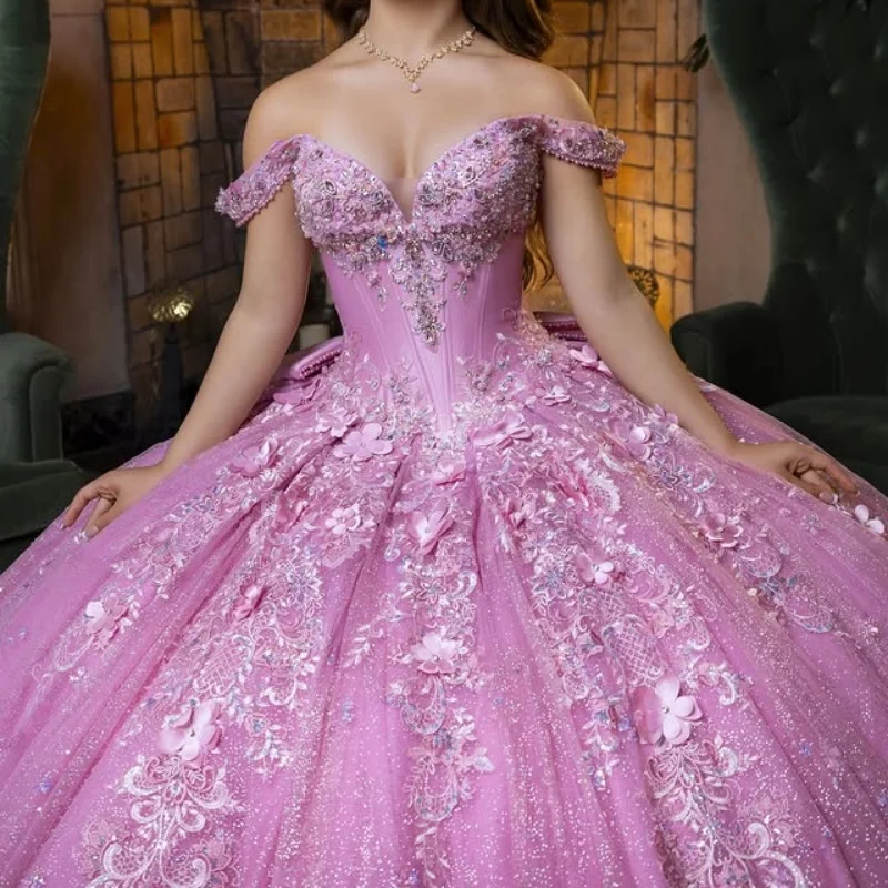 

Shiny Pink Quinceanera Dress off-shoulder Crystal Decal 3D Flower Lace Bow Long tail Vestidos De 15 Quinceanera ﻿Customize
