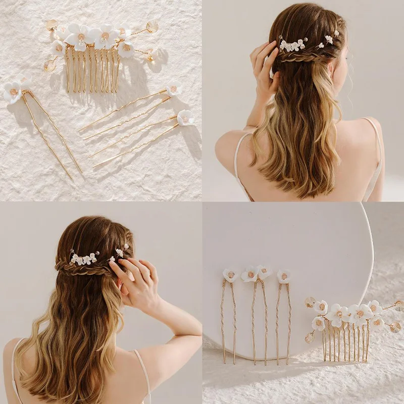 Luxury Pearls Wedding Flower Hair Comb Bride Hair Pins Clips Set Cute Hair Fork Headpieces for Women Jewelry Gift Hair Accessory