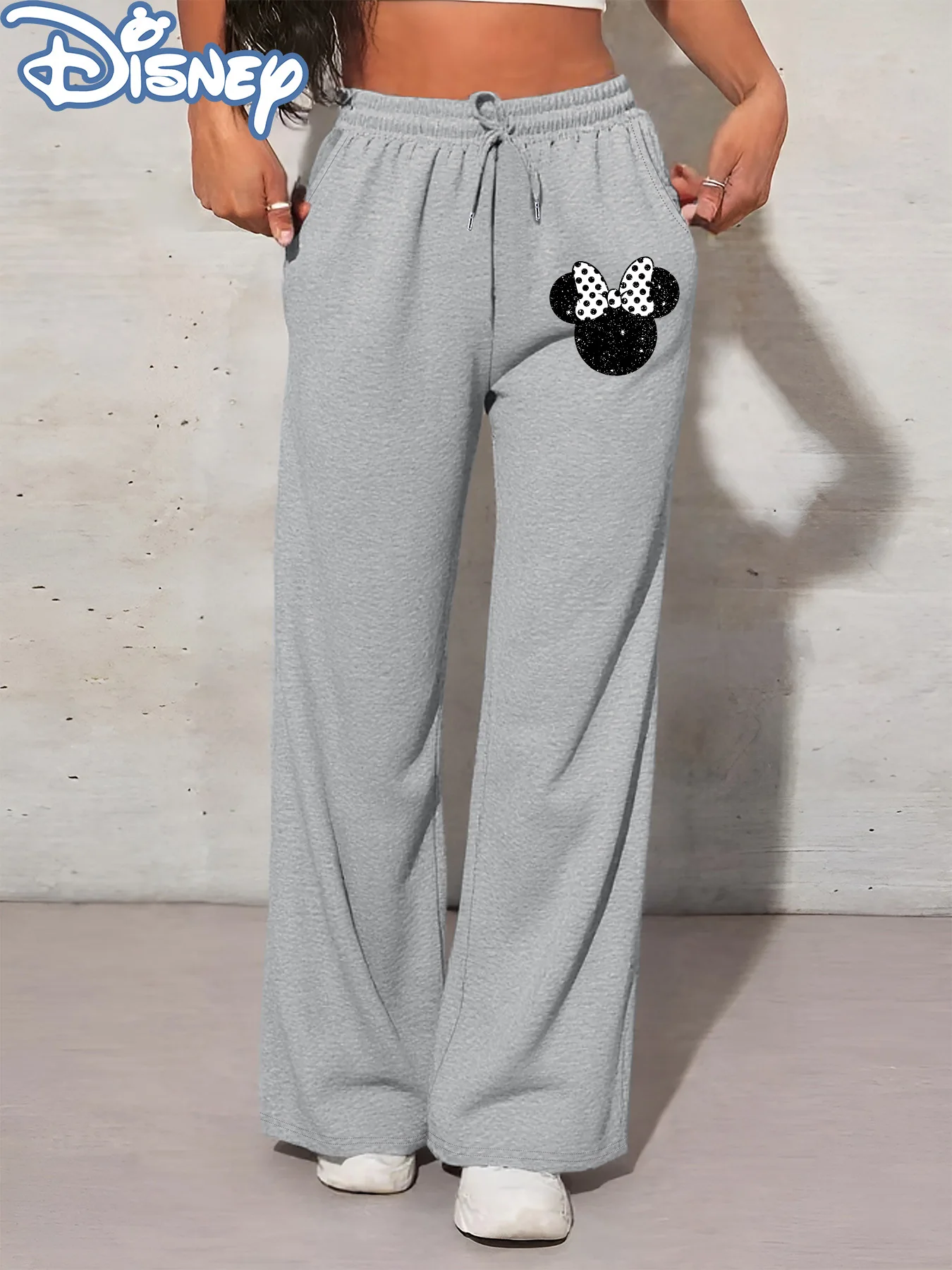 Pantaloni sportivi dritti da donna Disney Minnie Mouse Moda casual Pantaloni sportivi in pile autunno e inverno Streetwear oversize
