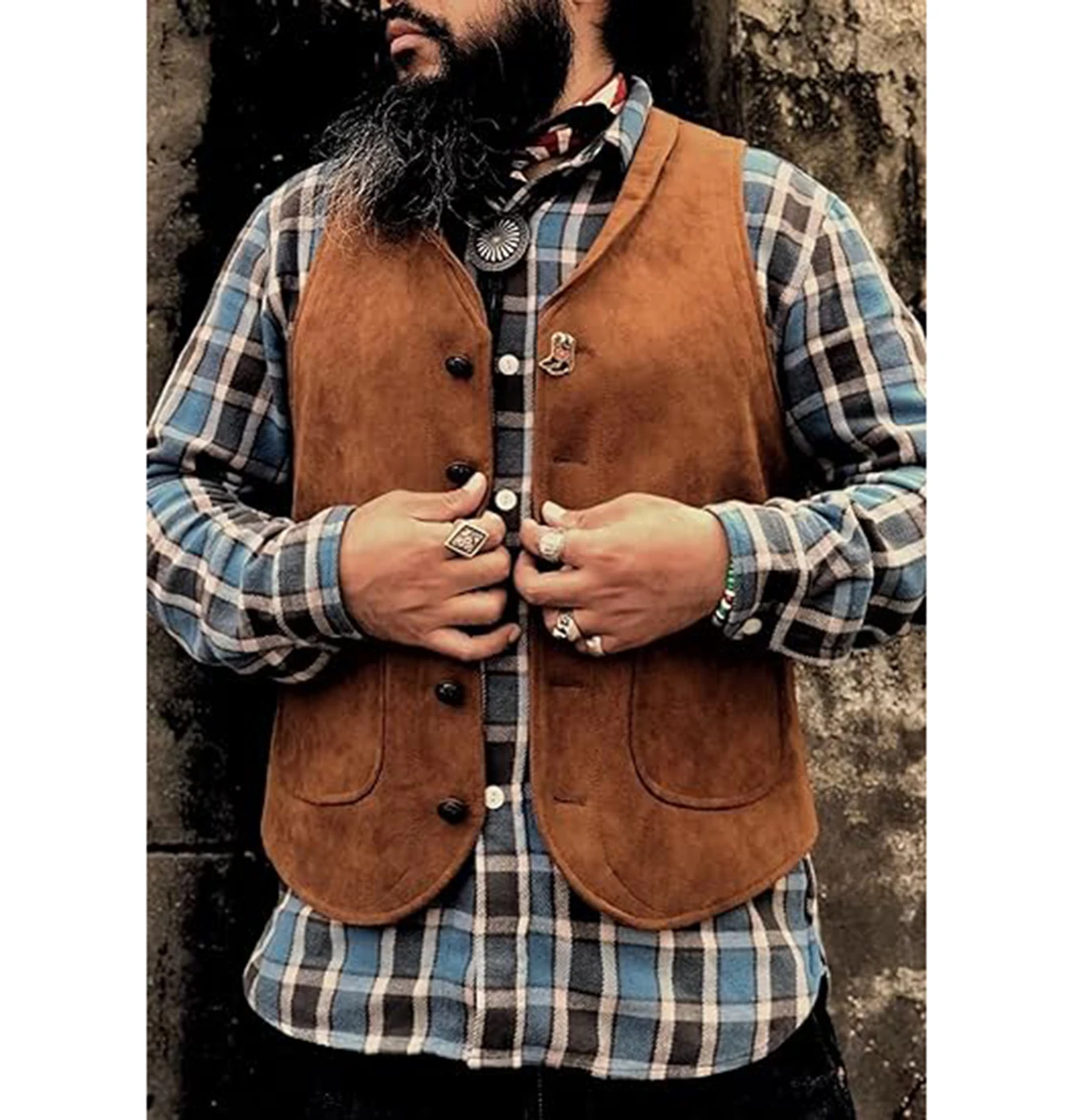 Gilet da uomo in pelle scamosciata gilet in pelle bovina gilet da Cowboy Western da uomo con tasche