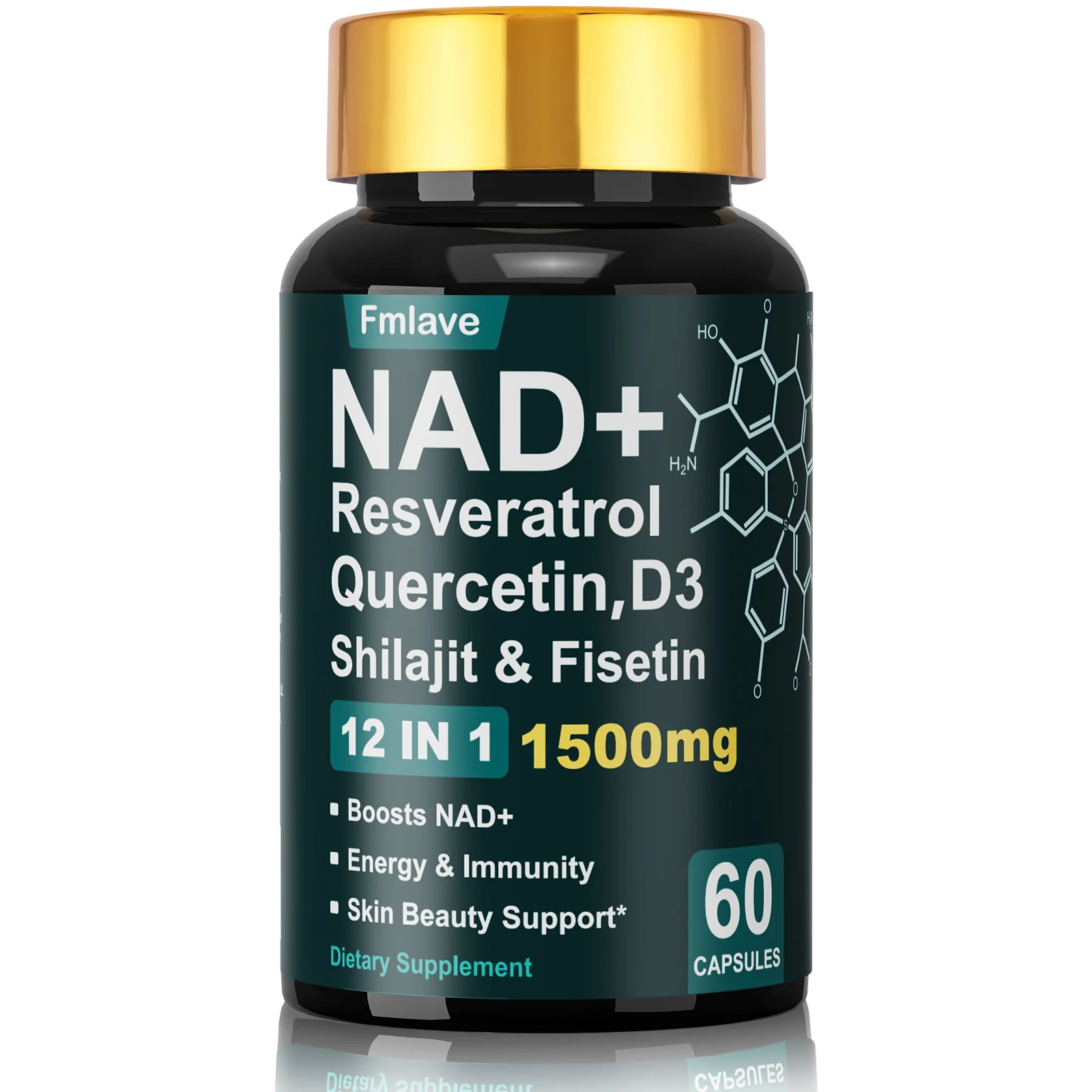 

Fmlave NAD+ Resveratrol, Shilajit & Fisetin, Quercetin, D3, – 12-in-1 Enhance Cellular Vitality and Energy, Immunity & Skin Beauty 60 Capsules