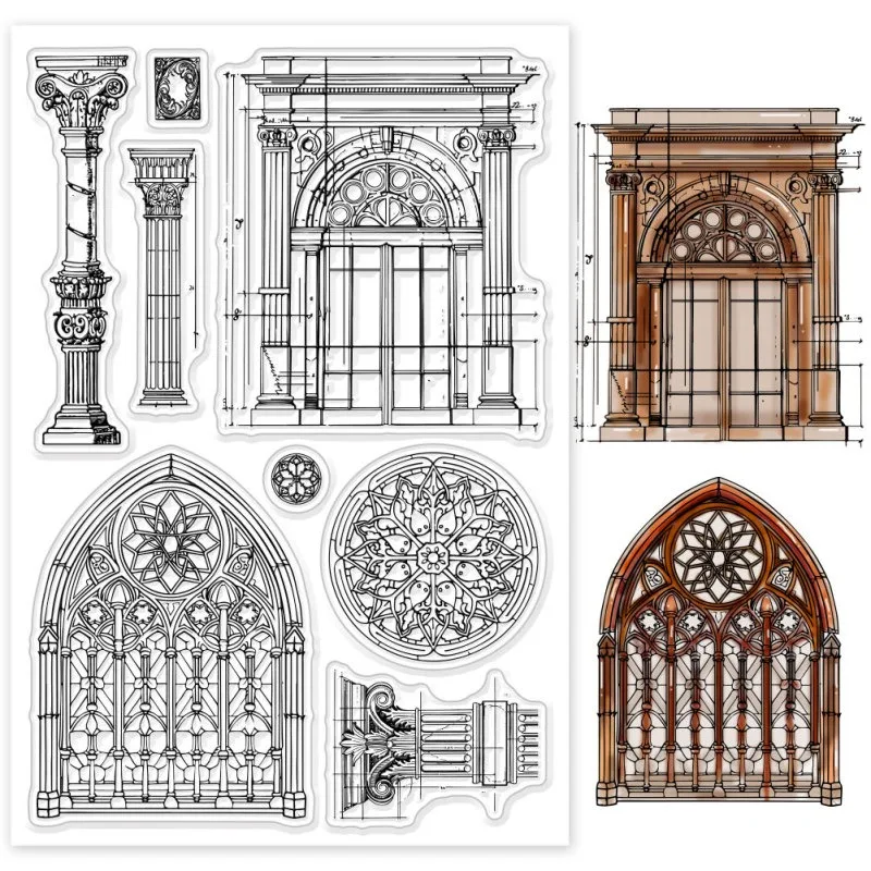 빈티지 건축 투명 스탬프, 창 배경 실리콘 투명 스탬프, 씰 기둥, DIY 스크랩북용 투명 스탬프 
