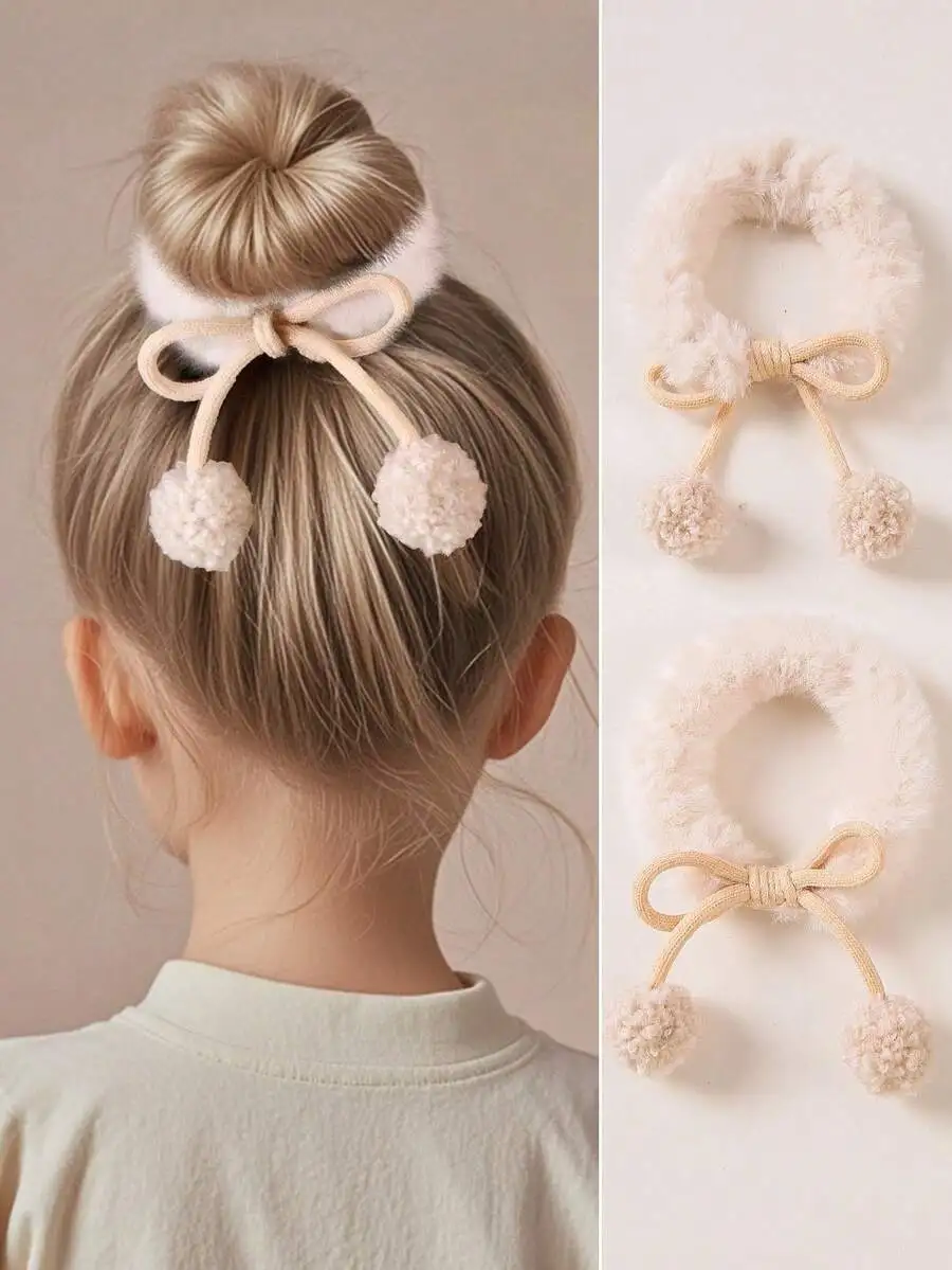 

2pcs Fuzzy Pom Pom Bow Hair Scrunchies For Women, Soft Fluffy Elastic Hair Ties