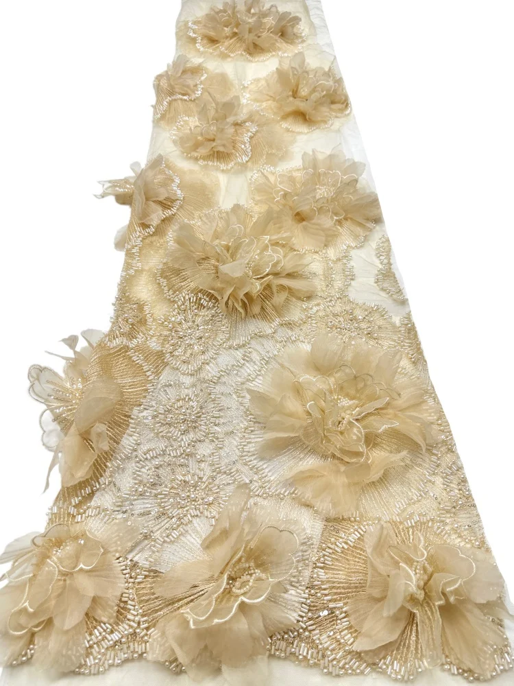 

Luxury 3D Rose Flowers Lace Fabric 2026 High Quality African Beaded Sequins Mesh Tulle Lace Nigerian For Women Wedding Dress Sew
