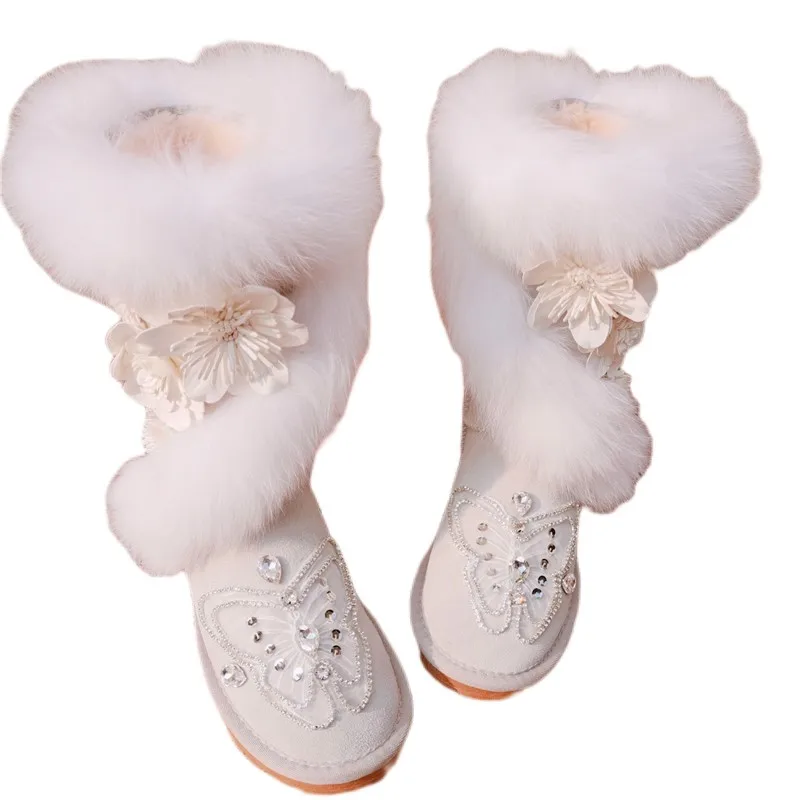 Genuine Leather 2023 Big Fox Fur Woman Snow Boots Warm Plush Tall Boots X-mas Luxury Handmade Floral Rhinestones Winter Shoes