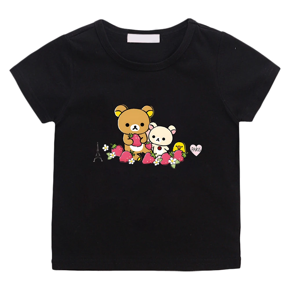 2026 Kiiroitori Yellow Chick Strawberry T-shirt Rilakkuma Korilakkuma Bear Tshirts Kawaii Cartoon Graphic Tee-shirt Cotton