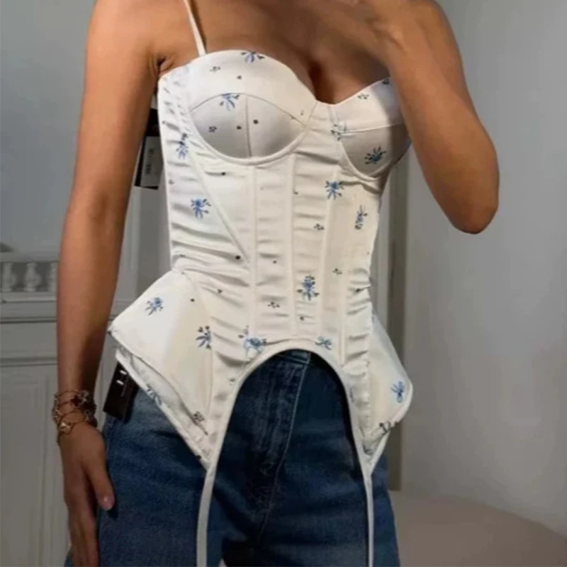 Retro Pure Floral Fishbone Corset Bandeau Camisole Waist-Tight Furcal Lower Hem Top Y2k Style