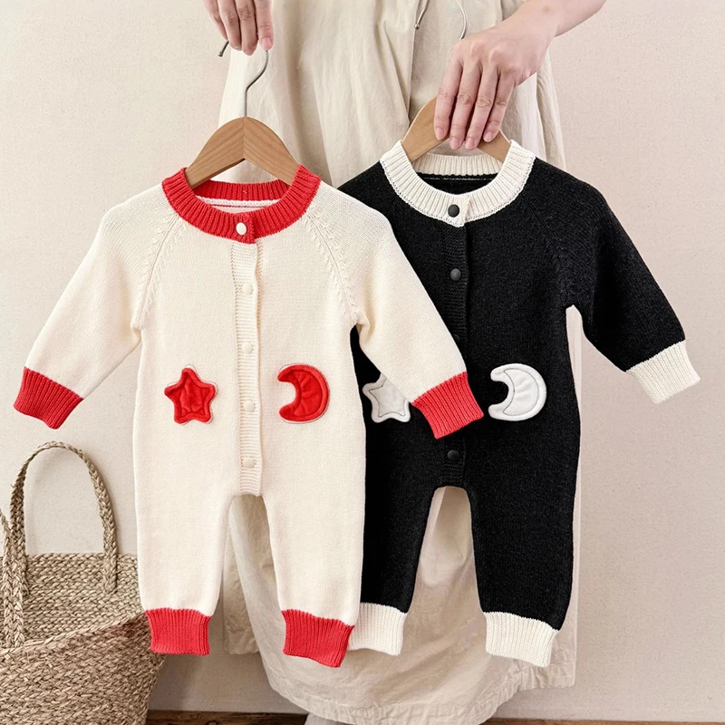 عيد الميلاد طقم قطعة واحدة للأطفال الخريف الرضع الحياكة بذلة الوليد الطفل نجوم والقمر البلوز رومبير الخريف سترة الموضة