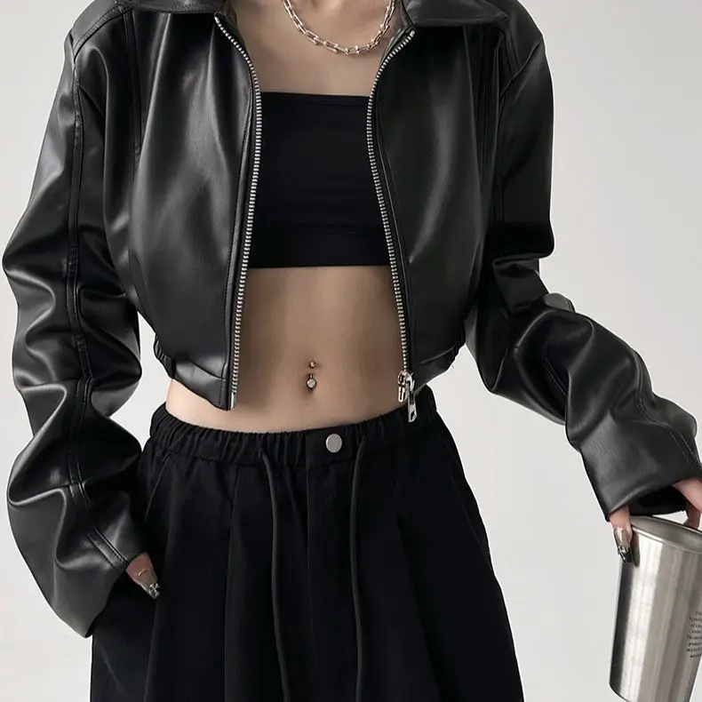 Y2k Black New PU Leather Jacket Cropped Jacket Long-sleeved Top Motorcycle Jackets Design Loose Streetwear Coat Trendy Vintage