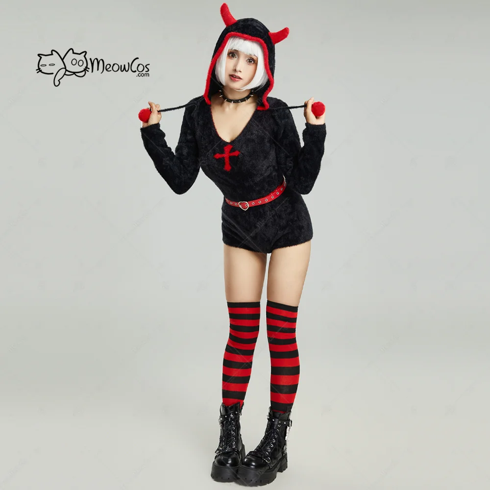 MEOWCOS Women Gothic Halloween Style Bodycon Romper Plush Homewear Black Red Cross Hooded Bodysuit with Belt and Choker