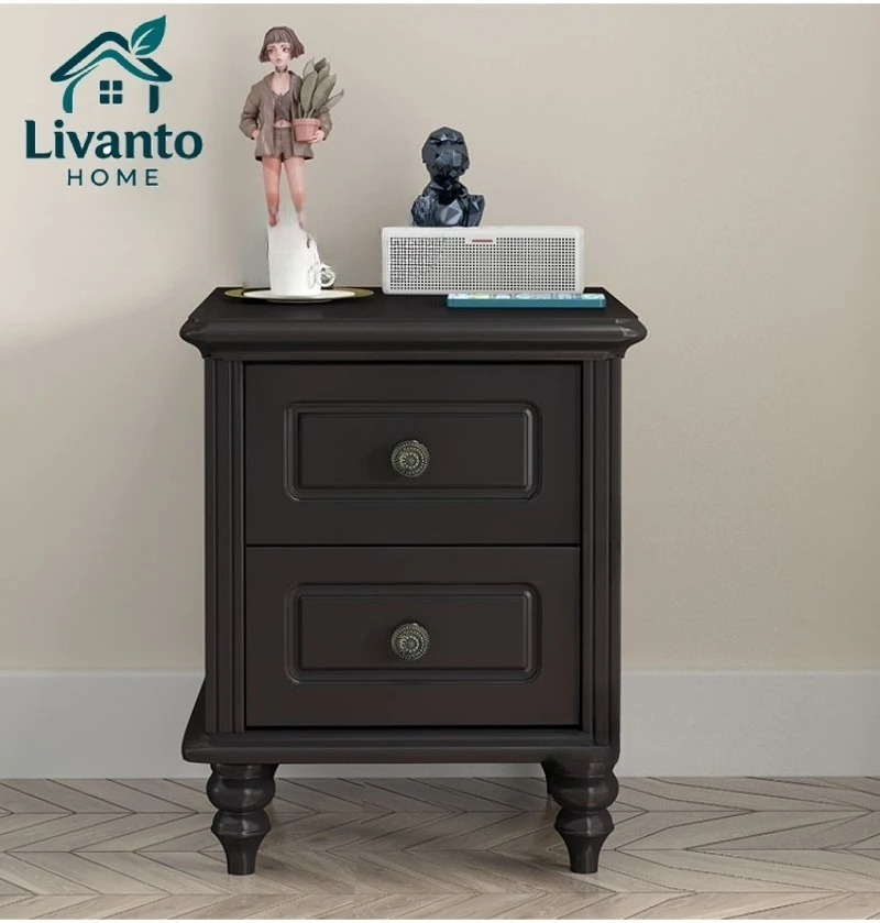 

Vintage Solid Wood Nightstand Black Bedside Table for Small Spaces Narrow Storage Cabinet Retro Bedside Organizer with Drawer