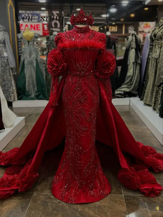 

Burgundy Two Pieces High Neck Long Sleeves Evening Dresses Customized 2026 Feathers Crystals Flowers Arabic Kaftans Formal Gowns