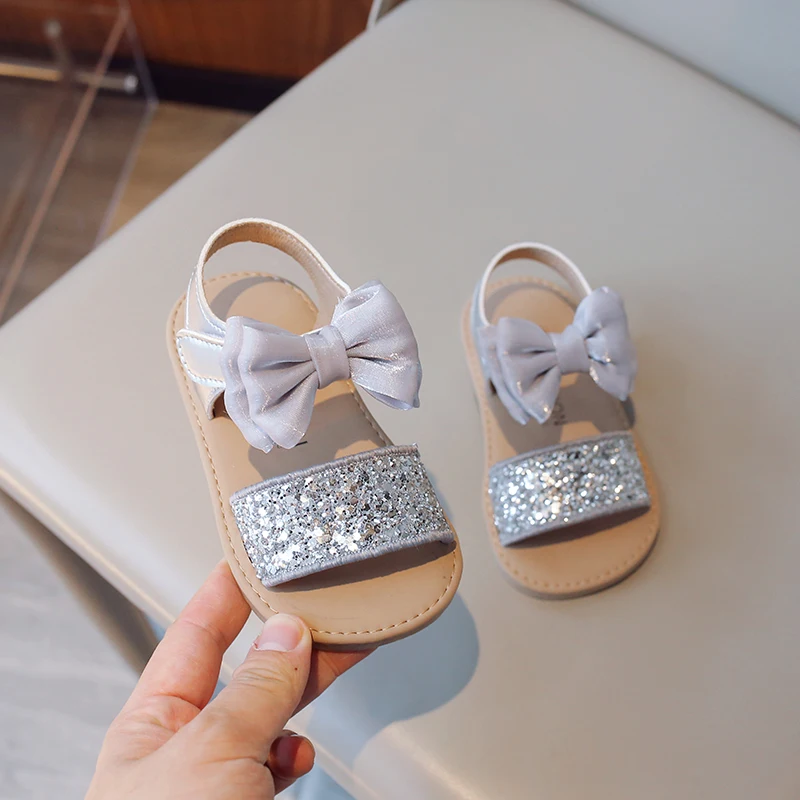 Girls Causal Flat Sandals Summer Children Princess Lace Bowtie Sandals Fashion Sequins Soft Bottom Kids Open-toe Beach Sandals