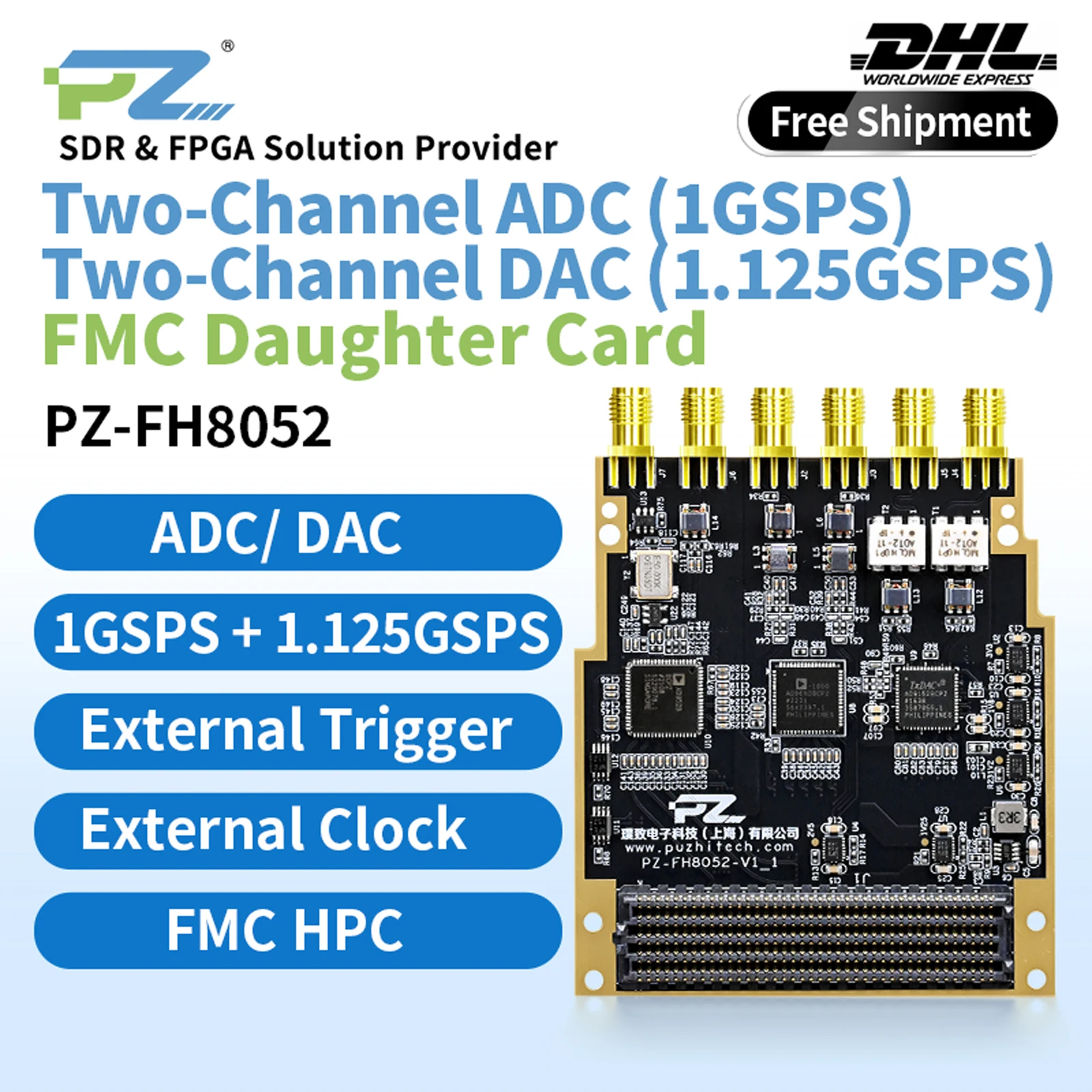 

Puzhi PZ-FH8052 FMC Daughter Card Dual-channel Ultra-high speed ADC 14bit 1GSPS DAC 16bit 1.125GSPS AD9680 AD9152 HPC FMC Board