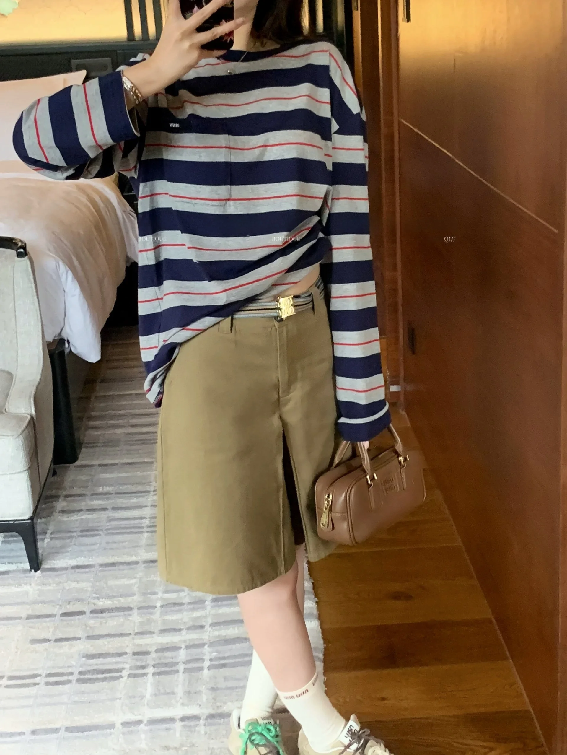 

Loose Fit Striped Long Sve Tee Color Blo Blue Cotton Comfortable Soft round Ne Casual Sle Women's T-irt for Autumn