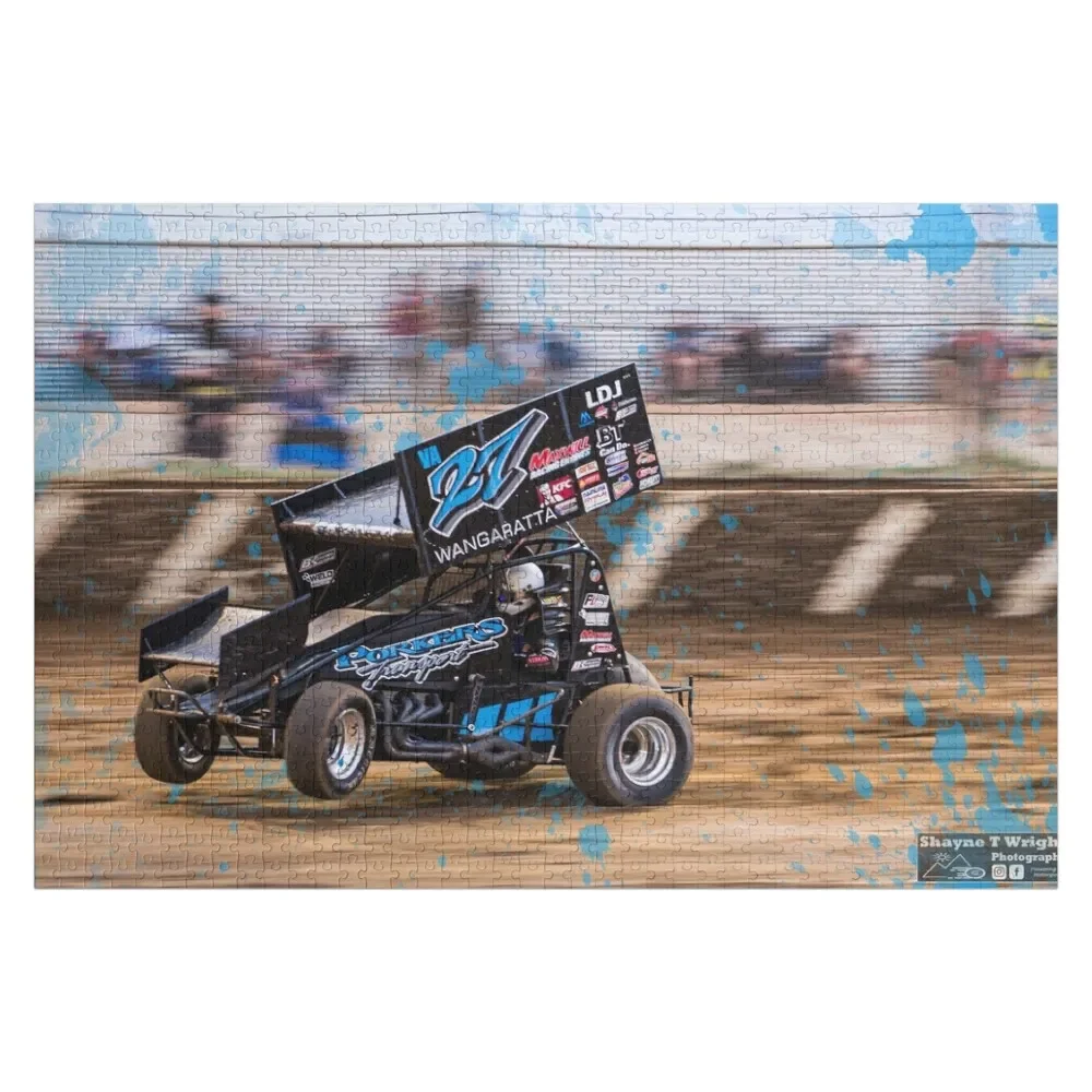 Wheels up, arms up, let's go sprint car racing! Jigsaw Puzzle Personalized For Kids Customs With Photo Wood Name Puzzle