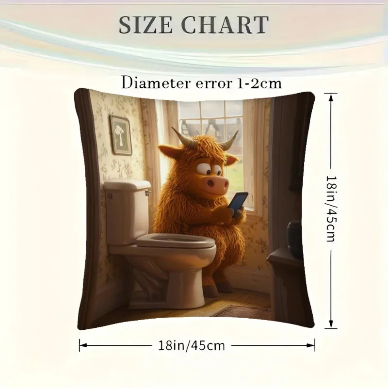 Funny Highland Cow on Toilet Double-Sided Pillow Cover, 1pc Humorous Animal Art Decorative Cushion Case for Sofa, Bed Decor