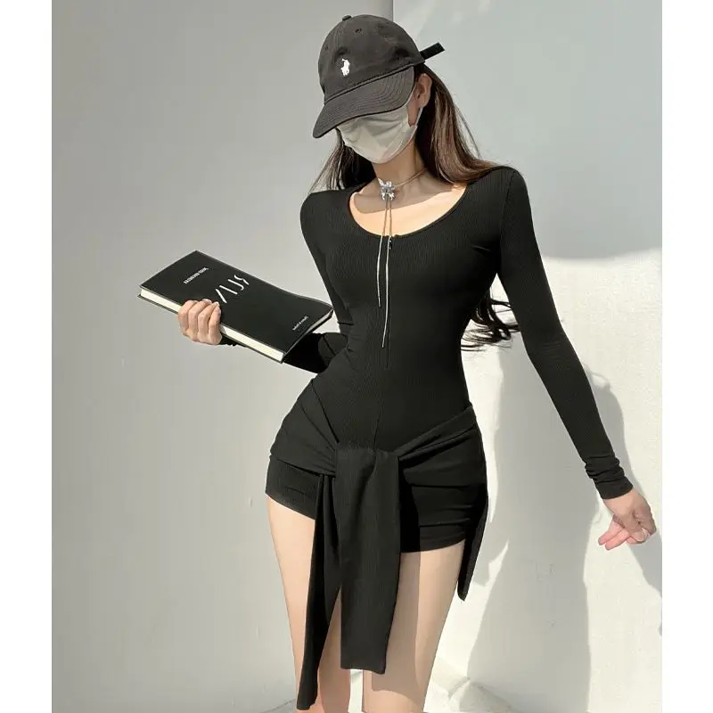 

Боди Vintage femmes vêtements corée 2000s Punk manches longues ceinture mince combinaisons Sexy taille haute Шорты Combishort s