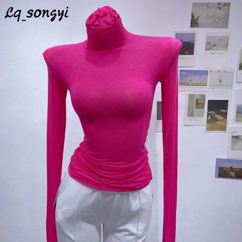 

Lq_songyi Sexy Turtleneck Tops Spring Base Slim Fit See-through T Shirts Women High Strecth Tight Long Sleeve Thin Solid T Shirt