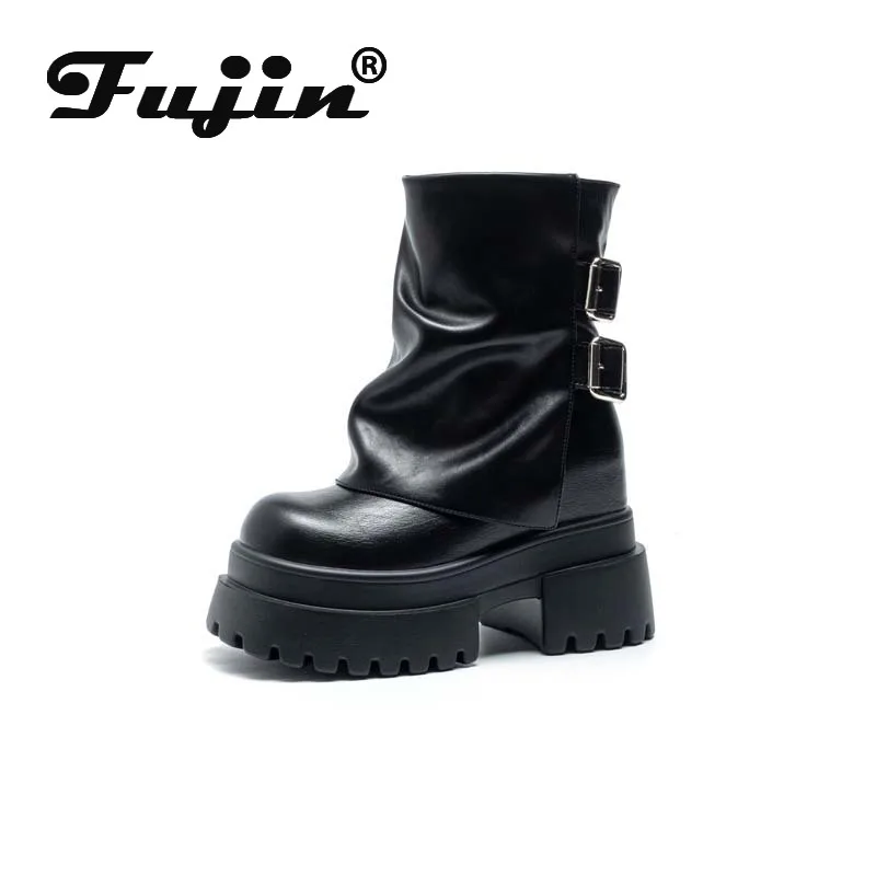 

Fujin/женские ботинки на платформе 10 см, мотоциклетные пикантные женские ботильоны в стиле панк из натуральной кожи, весенне-осенние непромокаемые