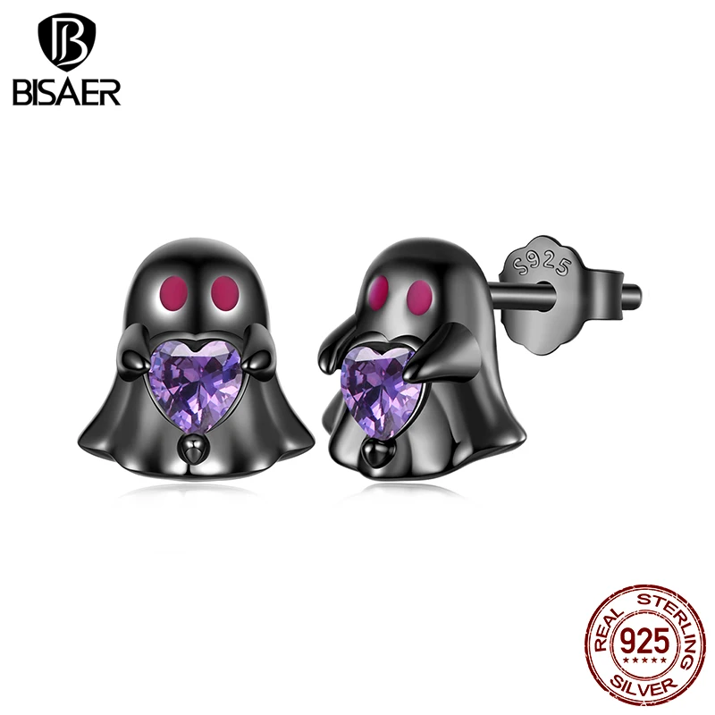

BISAER 925 Sterling Silver Ghost Stud Enamel Black Process Earrings for Women Party Fine Jewelry Halloween Gifts ECE1961