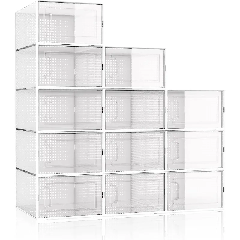 

Stackable Shoe Storage Boxes, 12 Pack Organizer for Closet Clear Plastic Stackable Space Saving Sneaker Drop Front Container