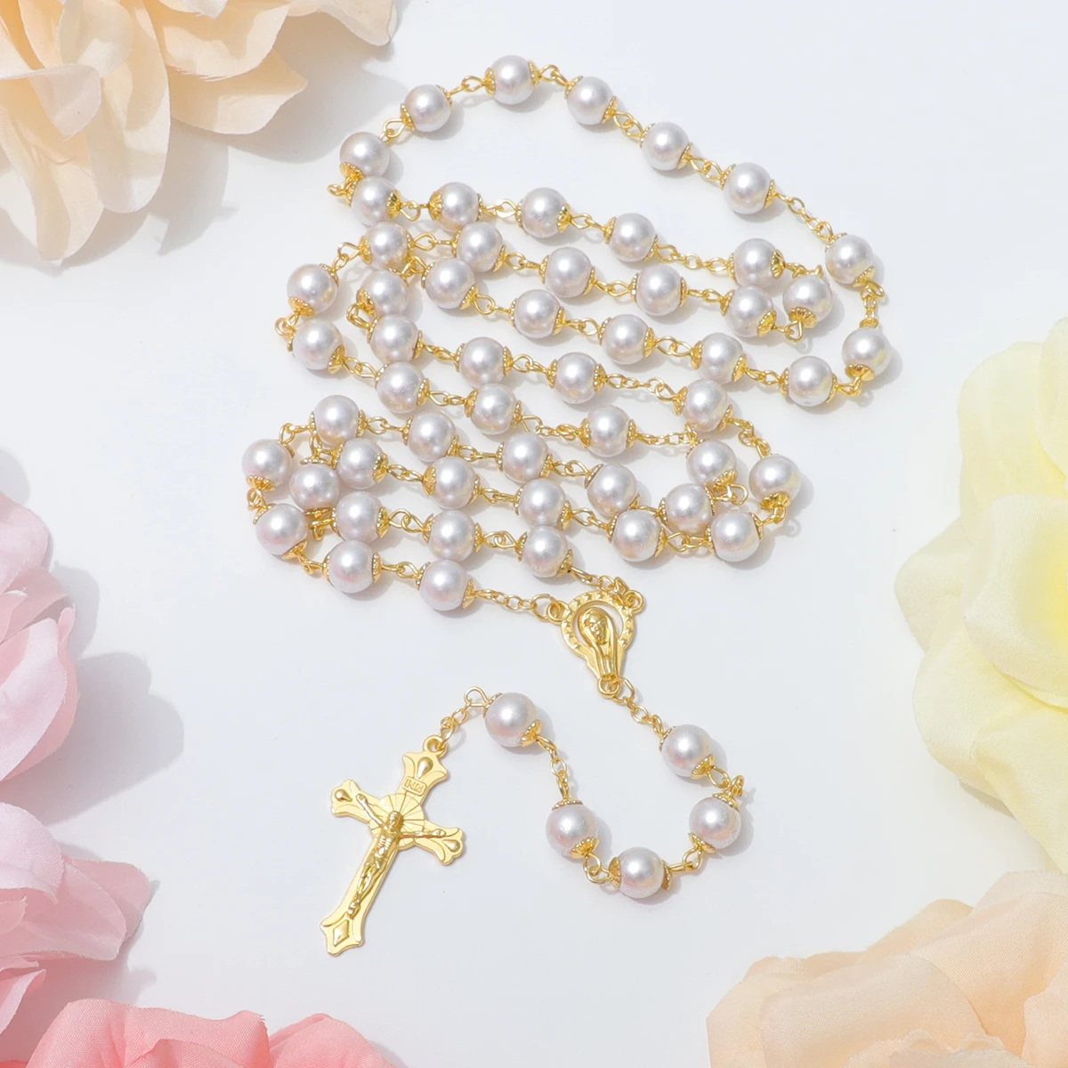 8mm Glass Pearl Religious Gold Plated Cross Pendant Rosary Necklaces for Men Women Christian Catholic Jewelry Accessory Gifts