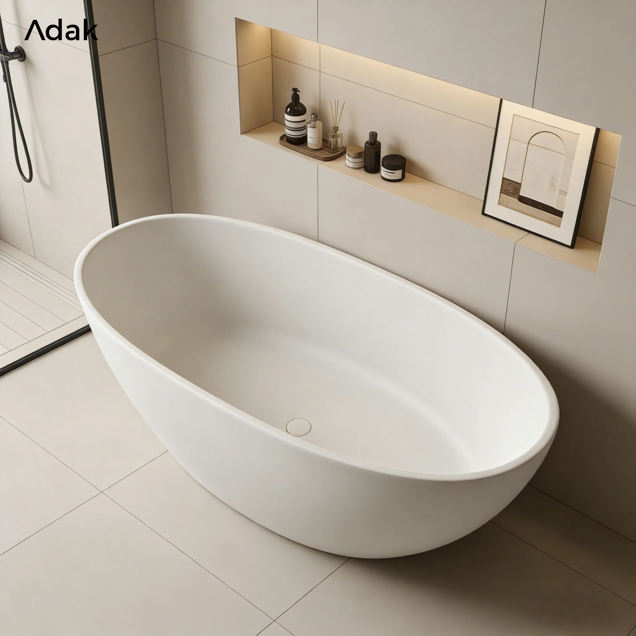 Adak Solid Surface Portable Indoor Soaking Bathtub Drainer Freestanding Oval 60gal+ Capacity Non-Slip Bottom 5 Year Warranty