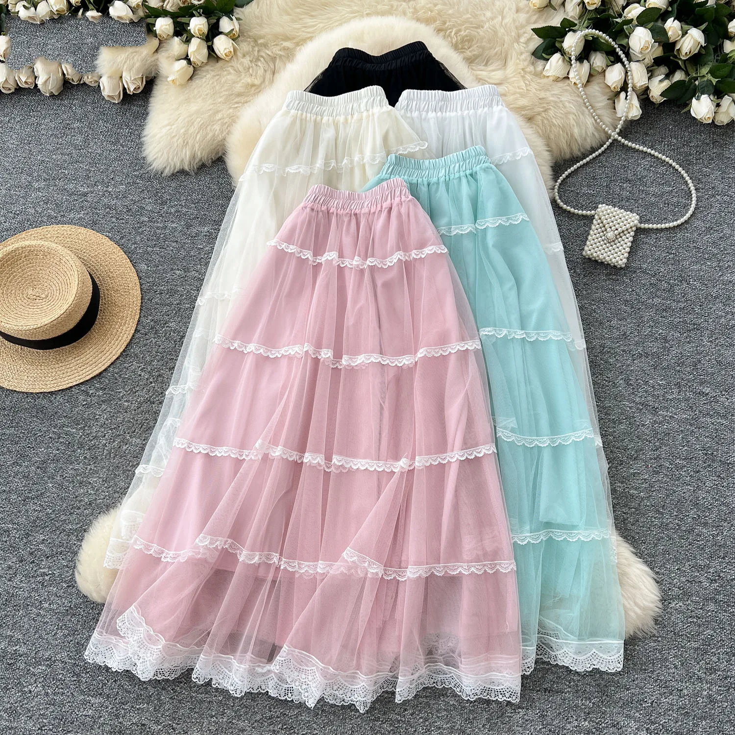 

Новая роскошная свежая французская юбка знаменитостей, сетчатая универсальная кружевная юбка с цветочным узором в стиле пэчворк Faldas трапециевидной формы принцессы Big Swing Mujer Falda