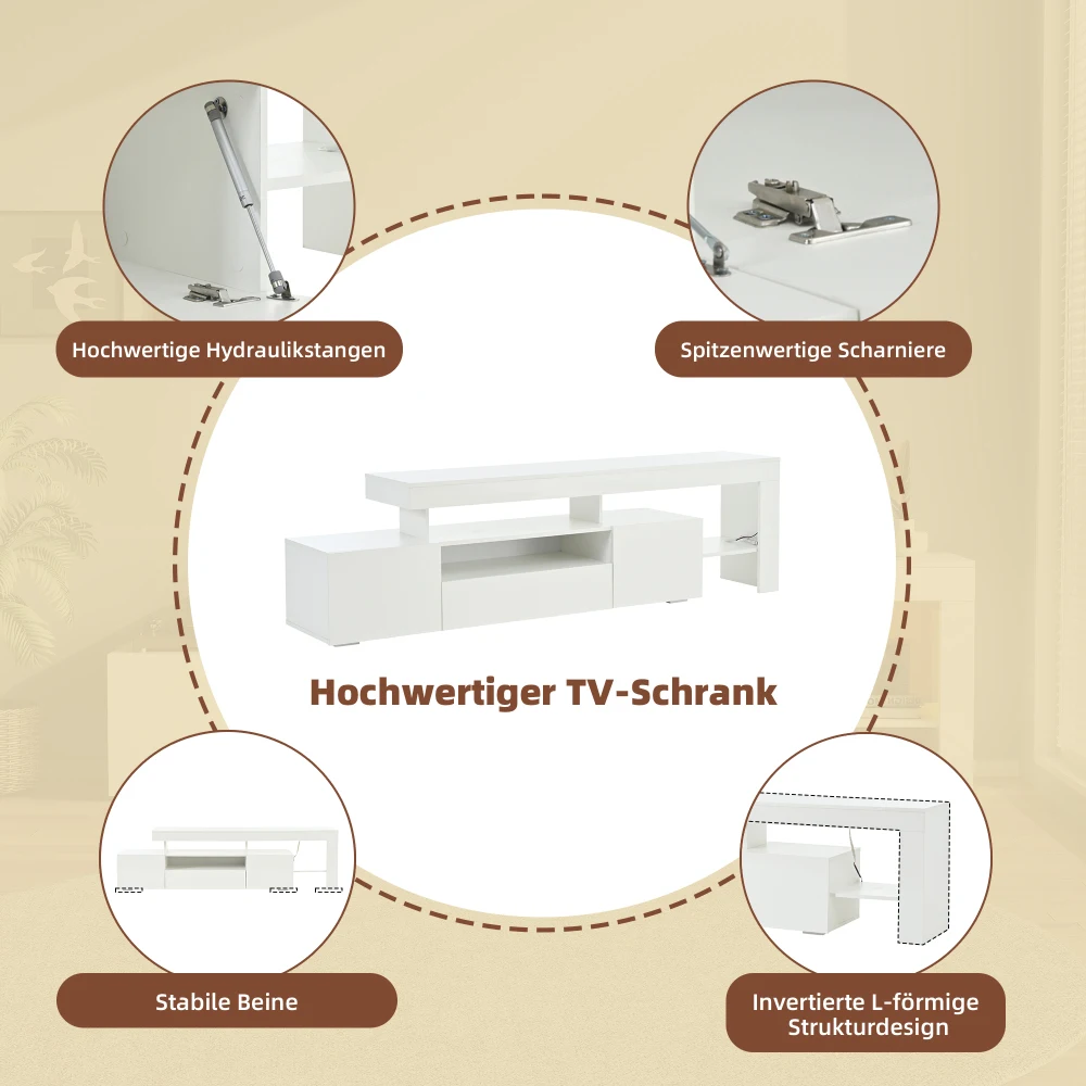192 * 37 * 53 cm moderner Wohnzimmer-TV-Schrank mit 3 Schränken, TV-Ständer mit LED, Hochglanz-Lowboard, Kommode für 85-Zoll-Fernseher – Detail 9