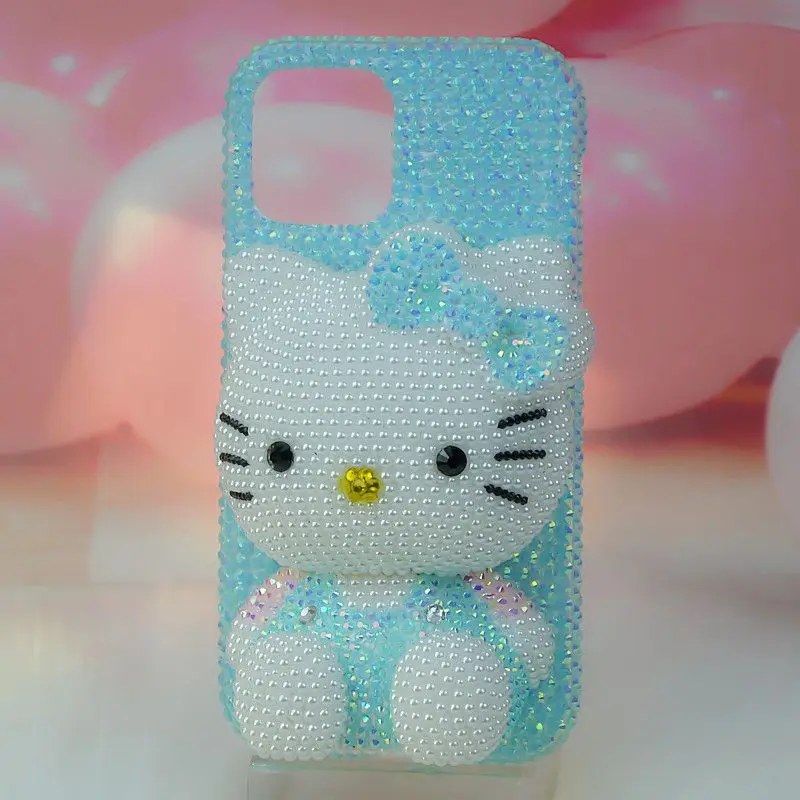 

Sanrio for iPhone 11 12 13 14 15 Pro Hello Kitty XS Max Phone Case Rhinestone Lake Blue Jelly Diamond Sitting Posture