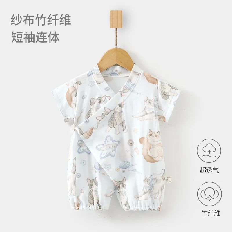 Baby Bamboo Fiber Gauze Jumpsuit Summer Romper Short Sleeved Kazakhstan Children Summer Air Conditioning Room Clothes Newborn