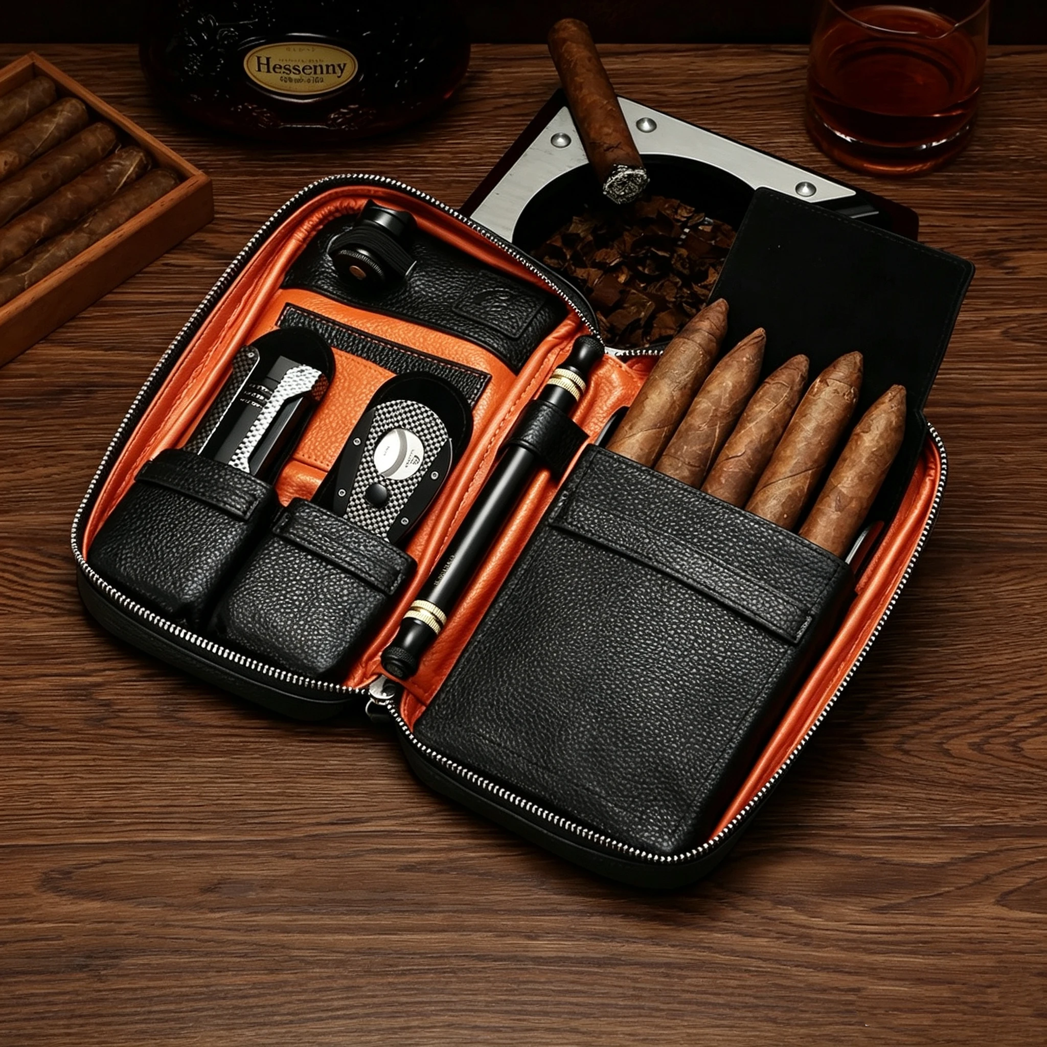 

Cowhide Multifunctional Portable 5-Pack Cigar Box Set, Lighter Cigar Cutter Moisturizing Bag Set.