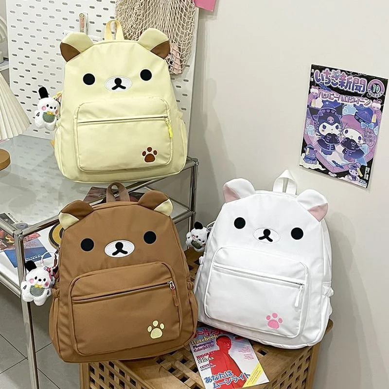 حقيبة ظهر Kawaii Rilakkuma أنيمي الكرتون التطريز على ظهره أنيقة ذات سعة كبيرة حقيبة مدرسية للطلاب حقائب نايلون متعددة الوظائف