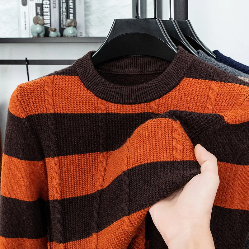 Men's Luxury Knitted Sweater Round Neck Long Sleeve Striped Pullover Autumn Winter Fashion Casual Classic Versatile Warm Men's