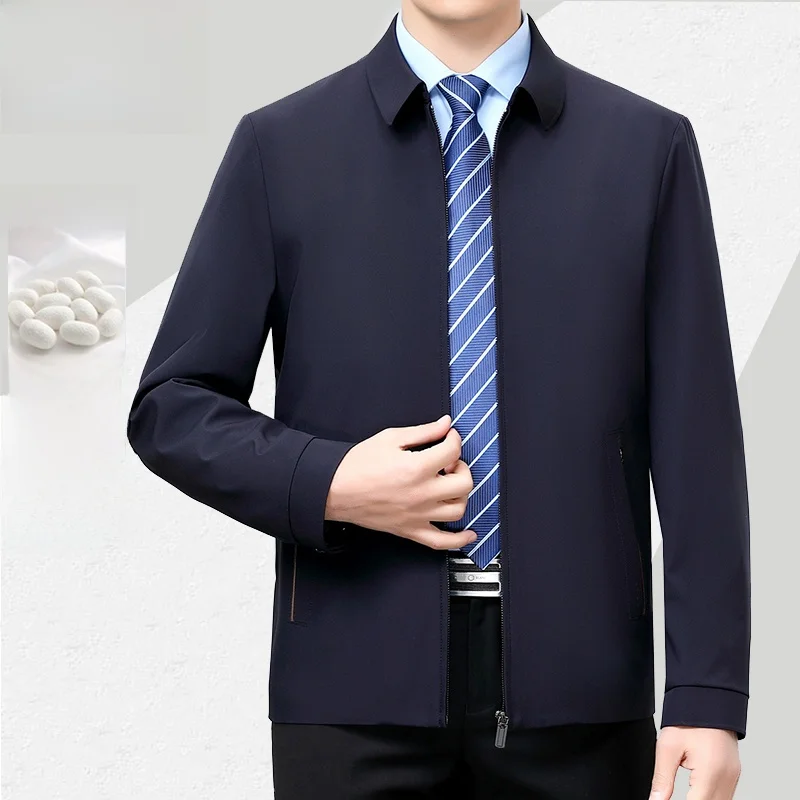 

Hengyuanxiang Men's Casual Loose Silk Jaet Spring Autumn Busin Sle Dad Clothes Thin Outerwear Polyester Silk Blend