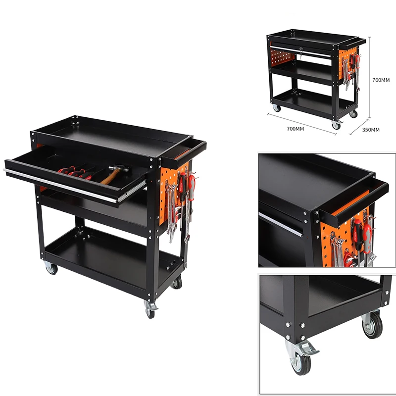 3 Tier Rolling Tool Utility Cart Heavy Duty Workshop Mobile Wheeled Car Electrician Hardware Tool Cart With Drawer Hooks