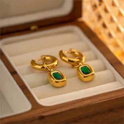 ANENJERY 316L Stainless Steel Green Zircon Drop Hoop Earrings for Women Vintage Luxury Round Earrings Jewelry Accessory