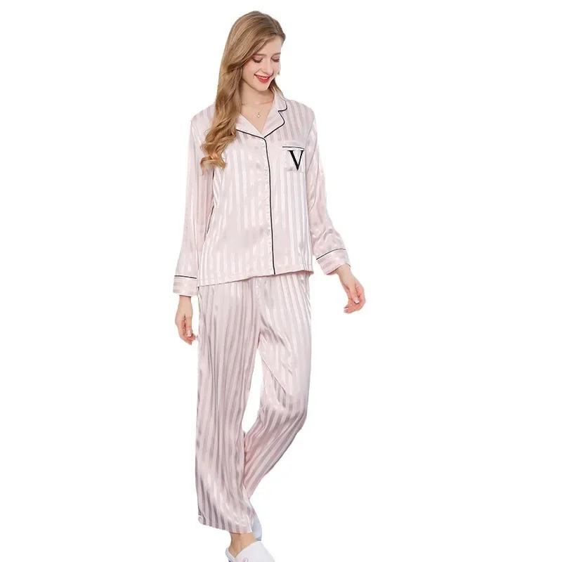 Pijamas de seda de hielo a rayas brillantes para mujer, ropa de dormir femenina para estar en casa, primavera y otoño, 2024