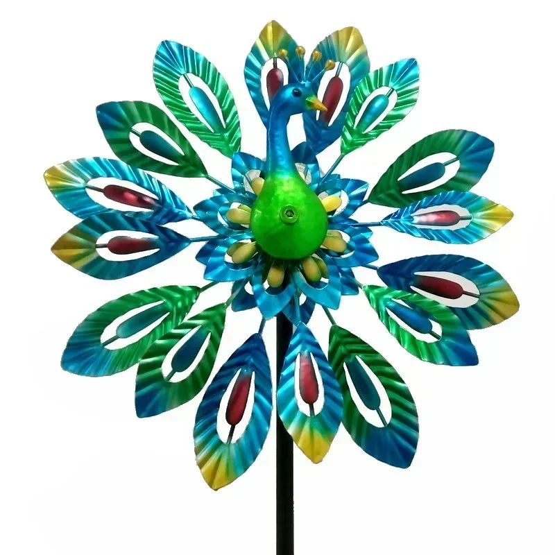 Glass ball solar light 6 colors decorative wrought iron double-sided rotating peacock windmill