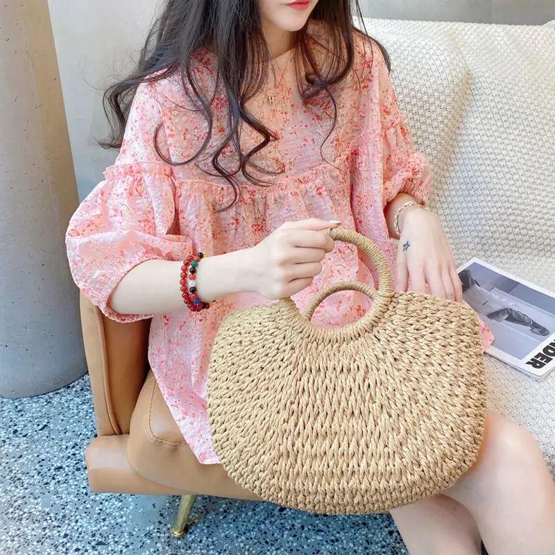 Summer New Korean Loose Floral Blouse Lantern Sleeves O-neck Pleated Print Thin Sweet Shirt Tops Elegant Fashion Women Clothing