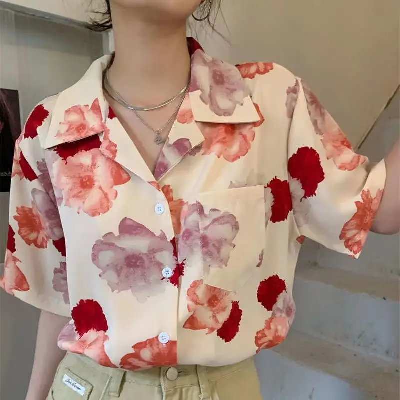 Vintage Printing Shirt Tops Summer New Polo Neck Short Sleeve Loose All-match Korean Blouse Casual Fashion Trend Women Clothing