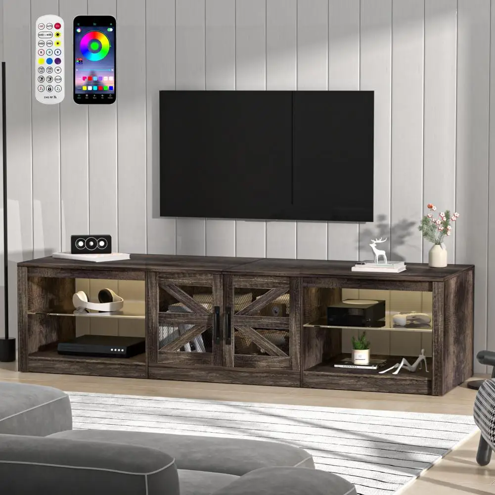 Plate Type TV Stand With LED Light Retro Barn Door Style TV Console Table APP Control TV Console With USB Port For Living Room