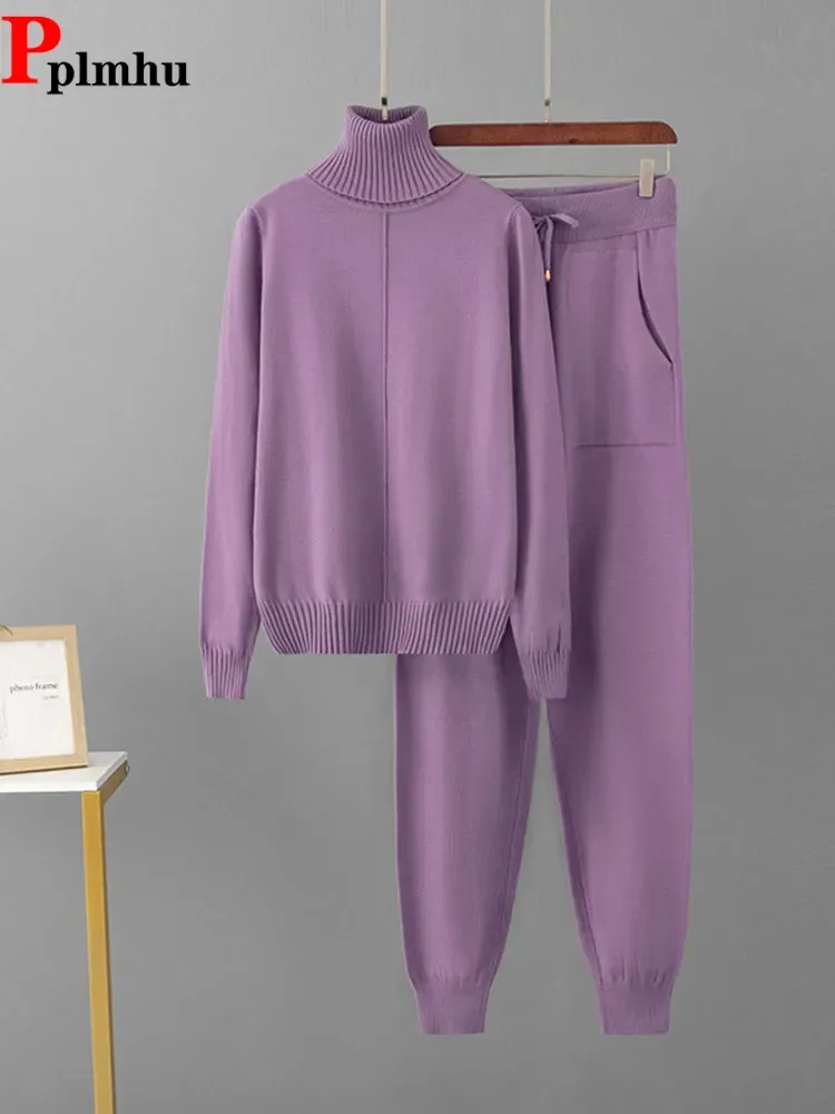 

Женская водолазка, трикотаж, свитер, пуловер, топы, Conjuntos, повседневные шаровары с высокой талией, наряд ярких цветов, вязаные комплекты из 2 предметов