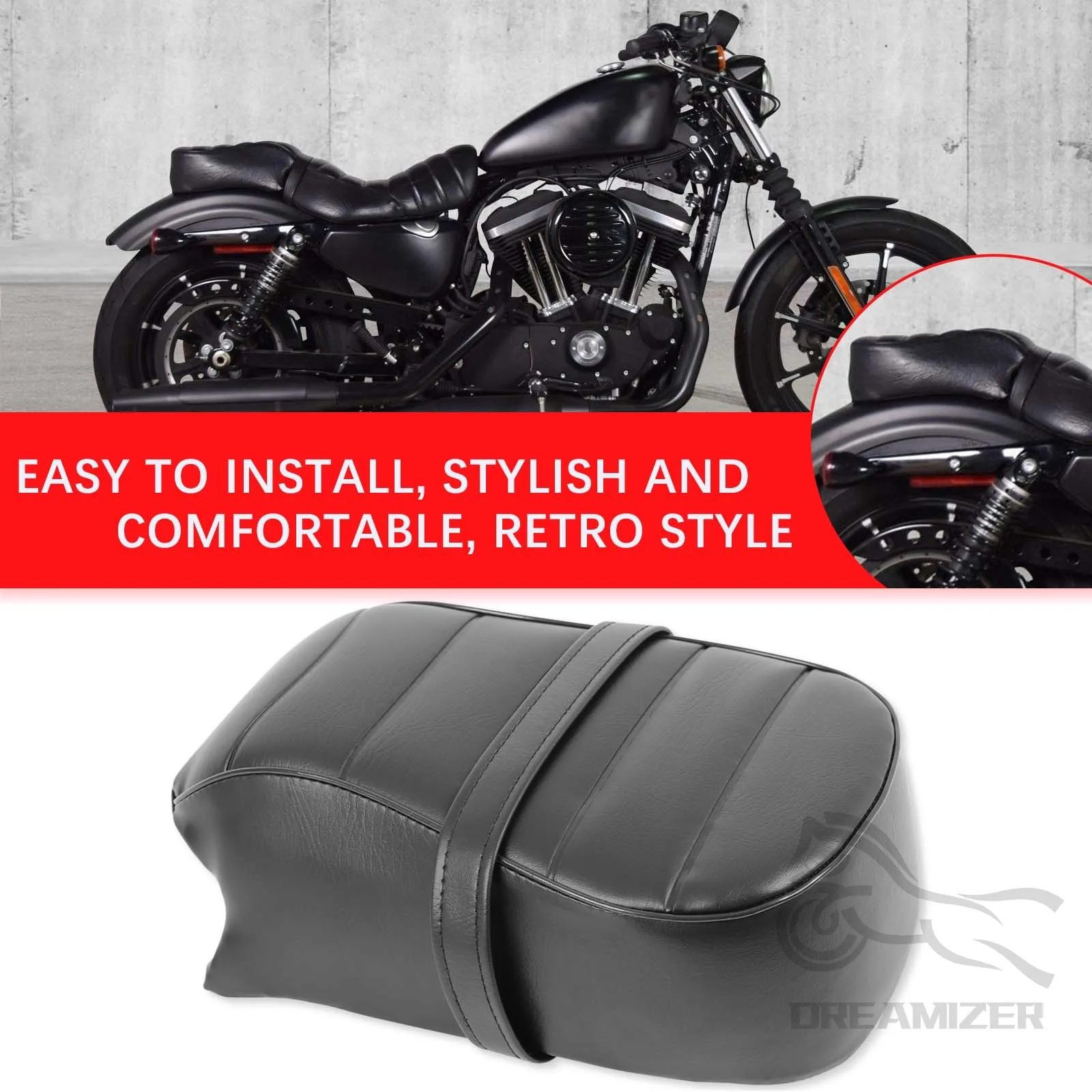 Motorcycle Black Leather Rear Passenger Seat Pillion Cushion For Harley Sportster Iron 883 XL883N 2016-2022 Striped Seat Cushion