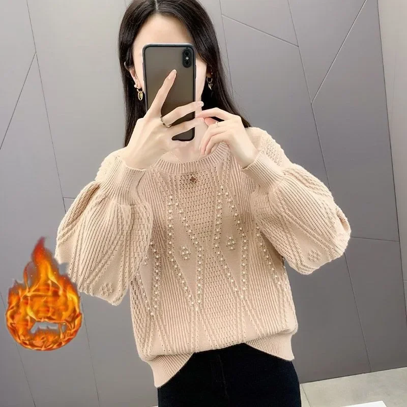 Women's Pullover Solid Embroiled Flares Sweater 2023 Autumn and Winter Round NeckLong Sleeve Knitted Sweet Women's Clothing Tops