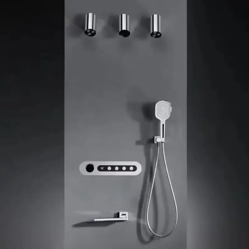 4-Function Thermostatic Single Handle Shower Set Concealed Wall Mounted Brass Control Rain Pattern Jet Soft Brushed Chrome