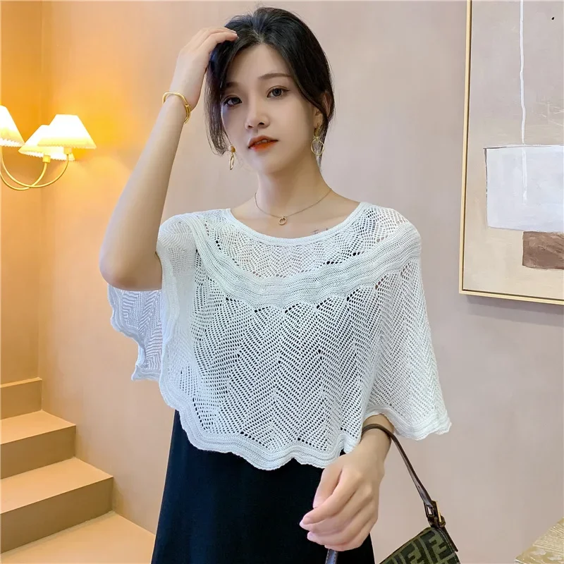 Womens Loose Crochet Tops Hollow Out Cotton Shrug Poncho Shawl Wrap Crewneck Summer Beach Cover Up Shoulders Warm Shawl Pullover