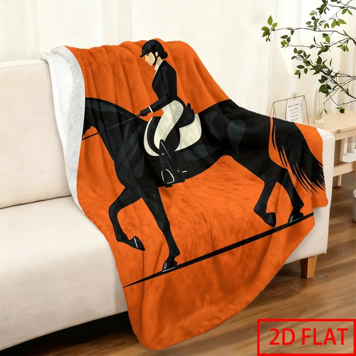 2D Flat Printed 1pc Equestrian Horse & Rider Blanket - Black Horse Ultrasound-Pressed Flannel Throw with Orange Background, Cozy