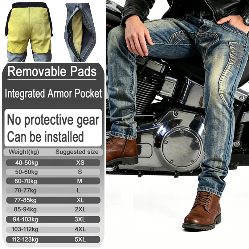 Mens retro Kevlar aramid Motorcycle jeans anti fall Off road pants for Korea Japan style with Armor pockets Armor not included